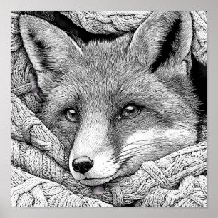 Realistic Knitted Christmas Stocking Fox Coloring  Poster