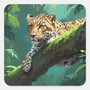 Realistic Leopard in Jungle Animal Art Square Sticker