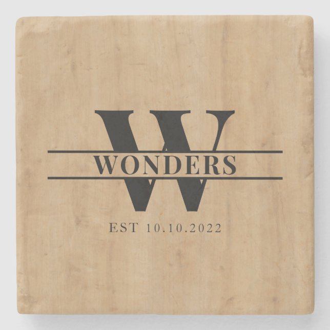 Realistic Light Wood Grain Monogram Wedding Stone Coaster (Front)