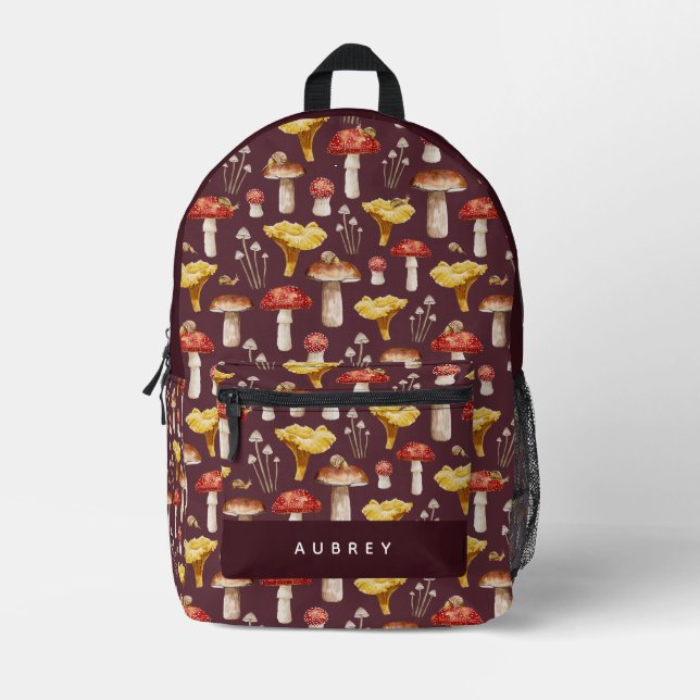 Realistic Mushroom & Snail Pattern Burgundy Printed Backpack (Front)
