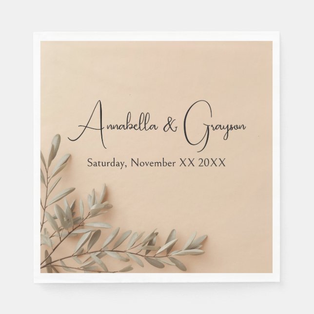 Realistic Olive Branches on Elegant Beige Wedding Napkin (Front)