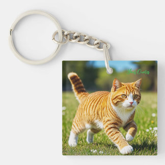Realistic Orange Tabby Cat in Sunny Meadow Key Ring