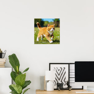 Realistic Orange Tabby Cat in Sunny Meadow Poster