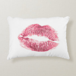 Realistic pink lips, isolated kiss decorative cushion