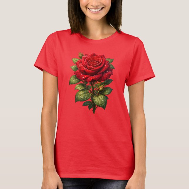 Realistic Red Rose with Dew Drops  T-Shirt (Front)
