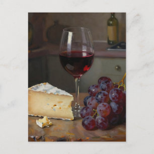 Realistic Red Wine Cheese Grapes Still Life Postcard