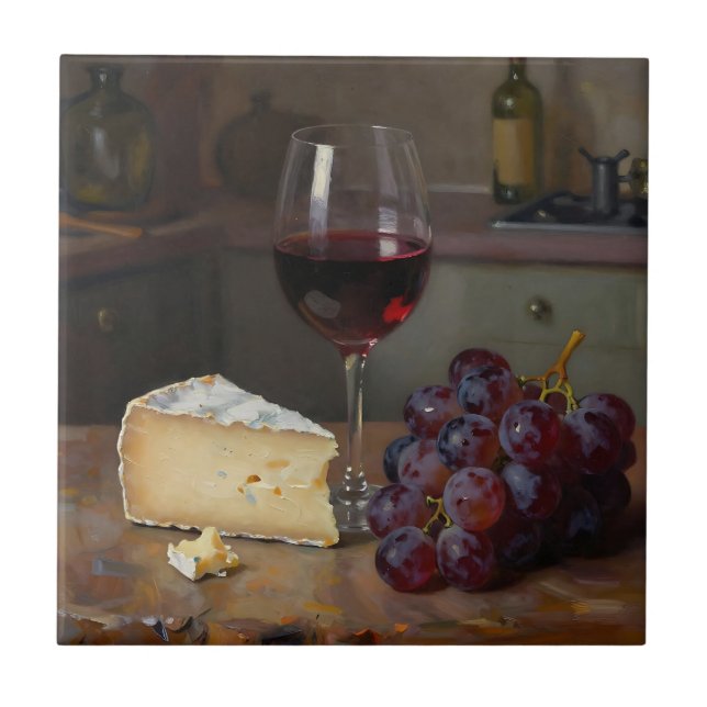 Realistic Red Wine Cheese Grapes Still Life Tile (Front)