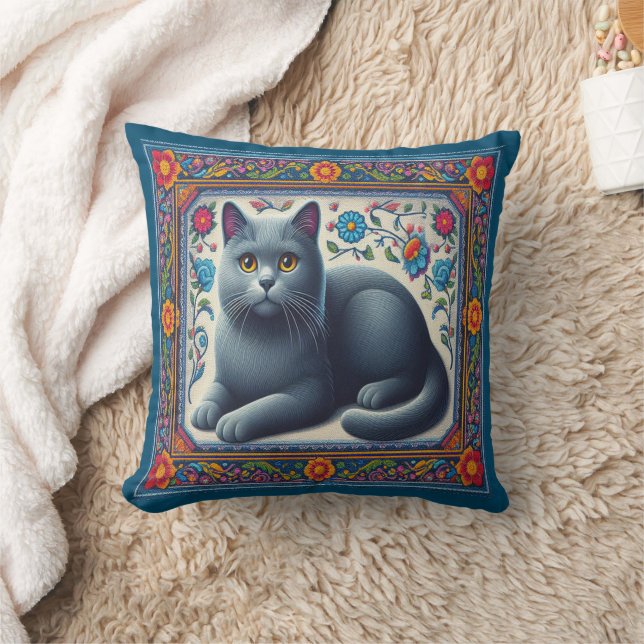 Realistic Russian blue Cat Colourful Floral Border Cushion (Blanket)