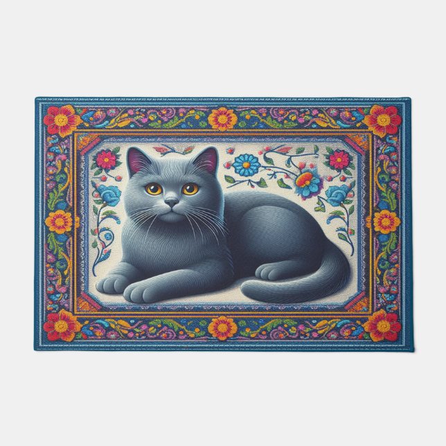 Realistic Russian blue Cat Colourful Floral Border Doormat (Front)