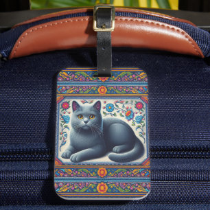 Realistic Russian blue Cat Colourful Floral Border Luggage Tag