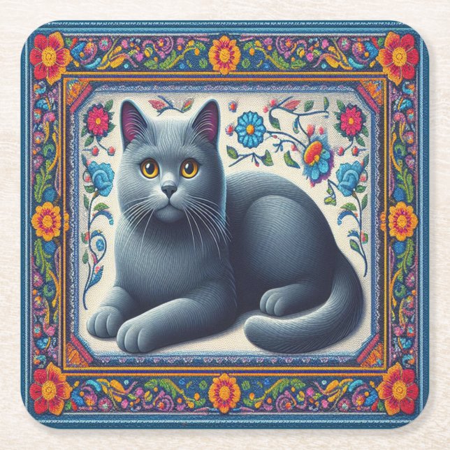 Realistic Russian blue Cat Colourful Floral Border Square Paper Coaster (Front)
