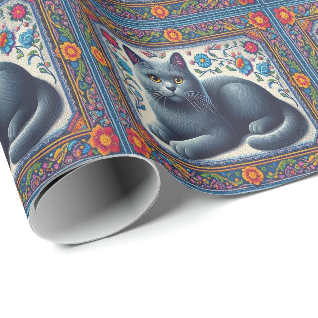 Realistic Russian blue Cat Colourful Floral Border Wrapping Paper (Roll Corner)