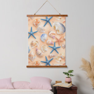 Realistic Seashell Starfish Peach Sand Beach Hanging Tapestry