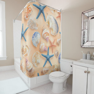 Realistic Seashell Starfish Peach Sand Beach Shower Curtain