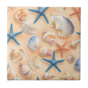 Realistic Seashell Starfish Peach Sand Beach Tile