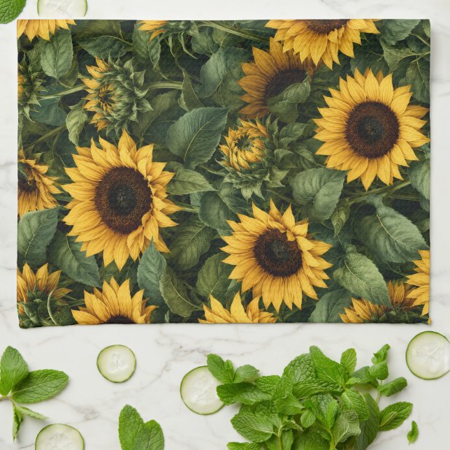 Realistic Sunflower Botanical Art Tea Towel (Folded)