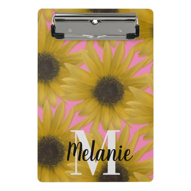 Realistic Sunflower Garden Custom Monogram Pink    Mini Clipboard (Front)