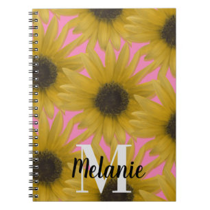 Realistic Sunflower Garden Custom Monogram Pink Notebook