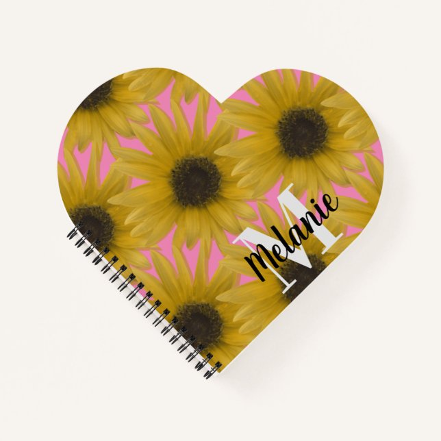 Realistic Sunflower Garden Custom Monogram Pink Notebook (Front)