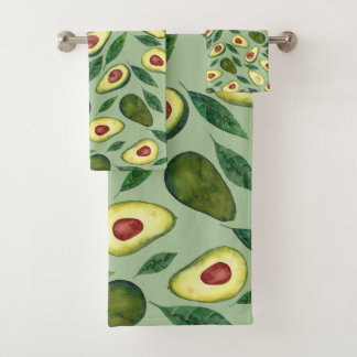 Realistic Watercolor Avocado Slices Green Bath Towel Set
