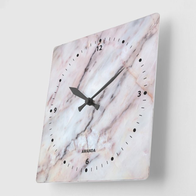 Realistic white and rose gold marble texture square wall clock (Angle)