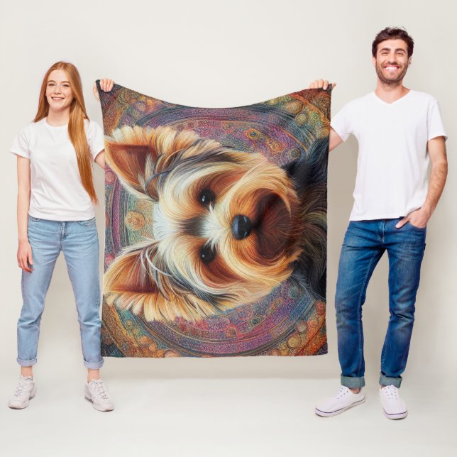Realistic Yorkshire Terrier Dog Colourful Border Fleece Blanket (In Situ)