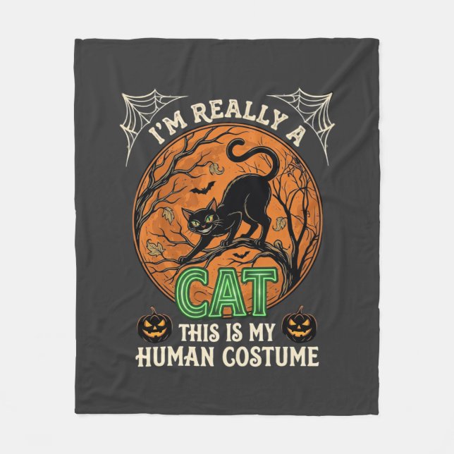 Really Cat Black Halloween Moon Pumpkins Fleece Blanket (Front)
