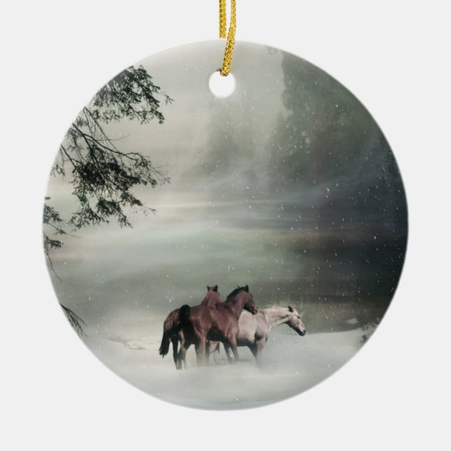 Really Pretty Herd of Horses In the Snow Ornament (Front)