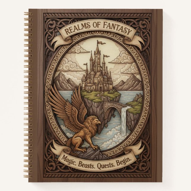 Realms of Fantasy Griffin Castle Wood Carved Notebook (Front)