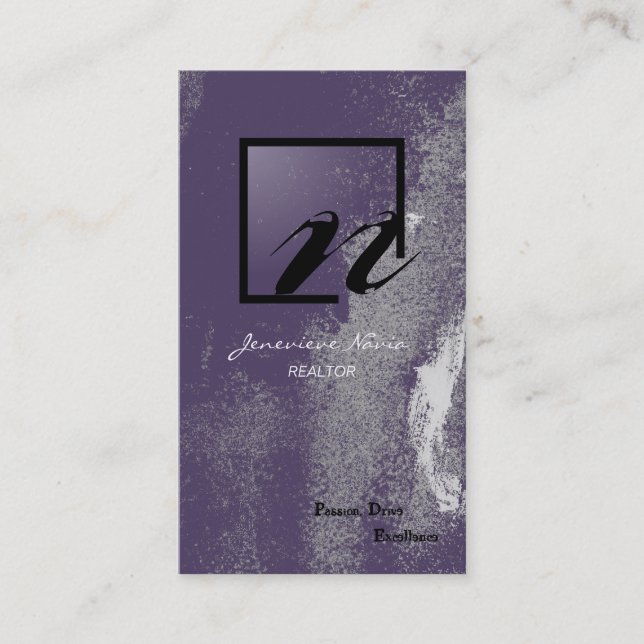 Realtor Business Card Purple Black Grunge Monogram (Front)