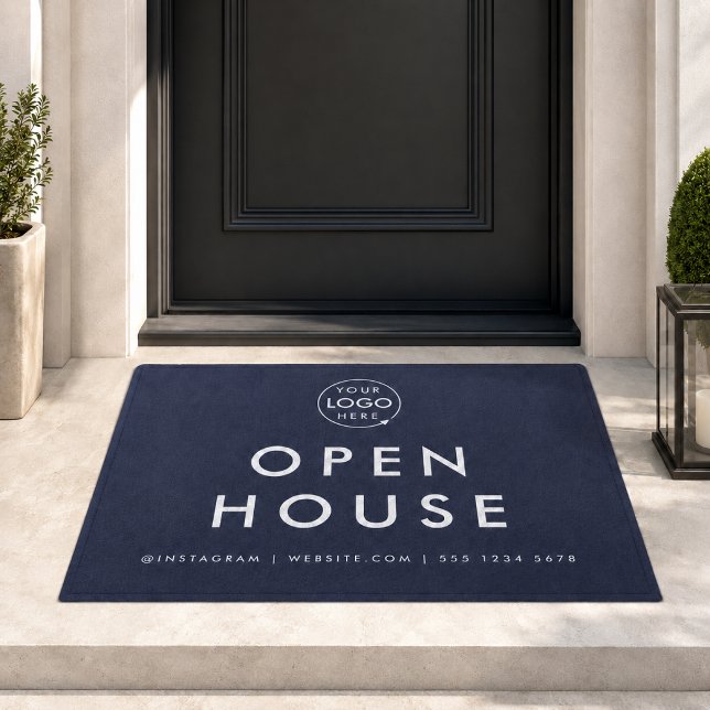 Realtor Doormat | Custom Open House Welcome Mat (Navy realtor open house doormat with logo upload space for polished listing entrances.)