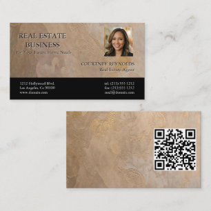 Realtor Headshot Beige Gold Texture QR Code Business Card