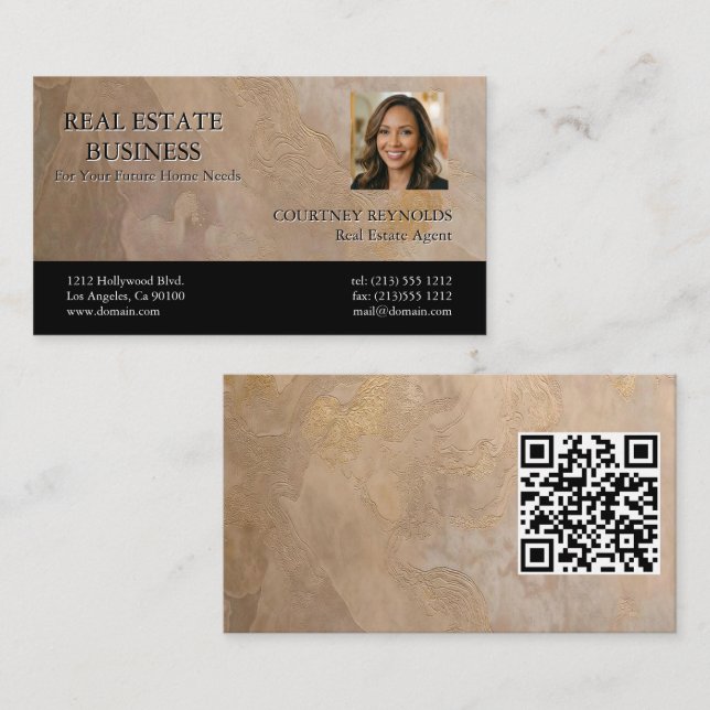 Realtor Headshot Beige Gold Texture QR Code  Business Card (Front/Back)