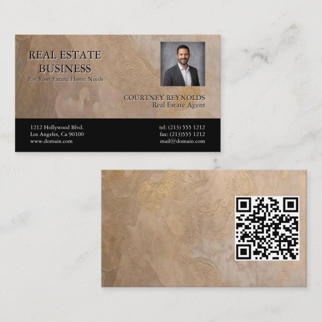 Realtor Headshot Beige Gold Texture QR Code  Business Card (Front/Back)
