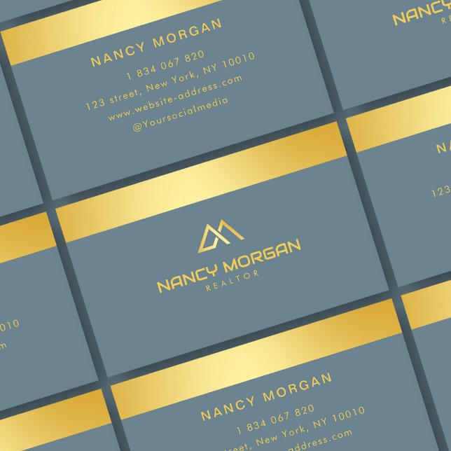 Realtor House Logo Dusty Blue And Gold  Business Card (Creator Uploaded)