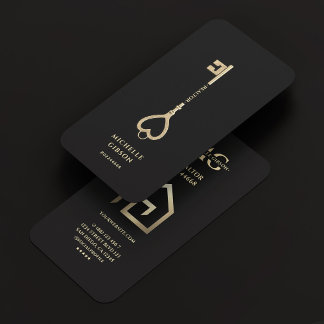 Realtor Key House Logo Modern Black Gold  Business Card