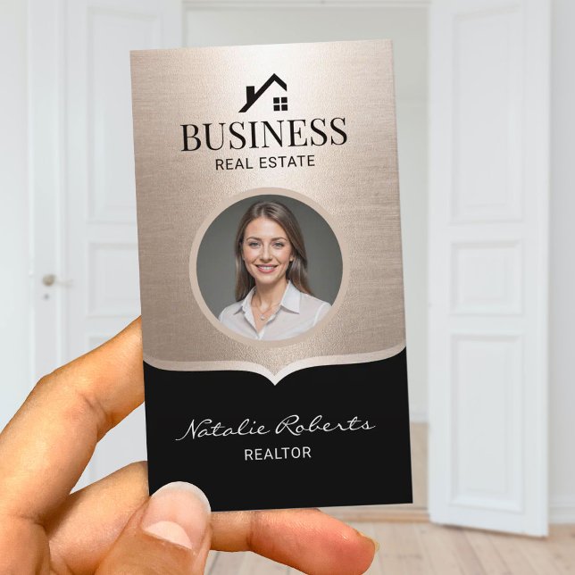 Realtor Modern Black Gold Real Estate Agent Photo Business Card (Creator Uploaded)