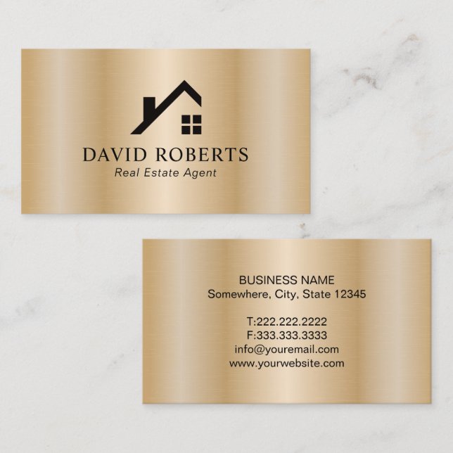 Realtor Modern Gold House Logo Real Estate Business Card (Front/Back)