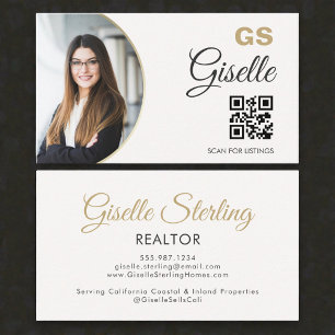 Realtor Neutral Gold Photo Monogram QR Code Business Card