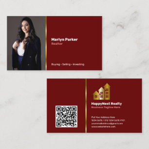 Realtor Personal Photo, QR Code, Logo Maroon Business Card
