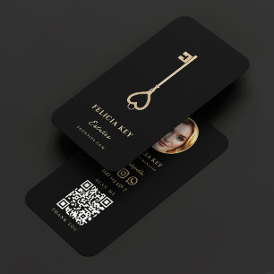 Realtor Property Manager Elegant Black Gold Key Business Card