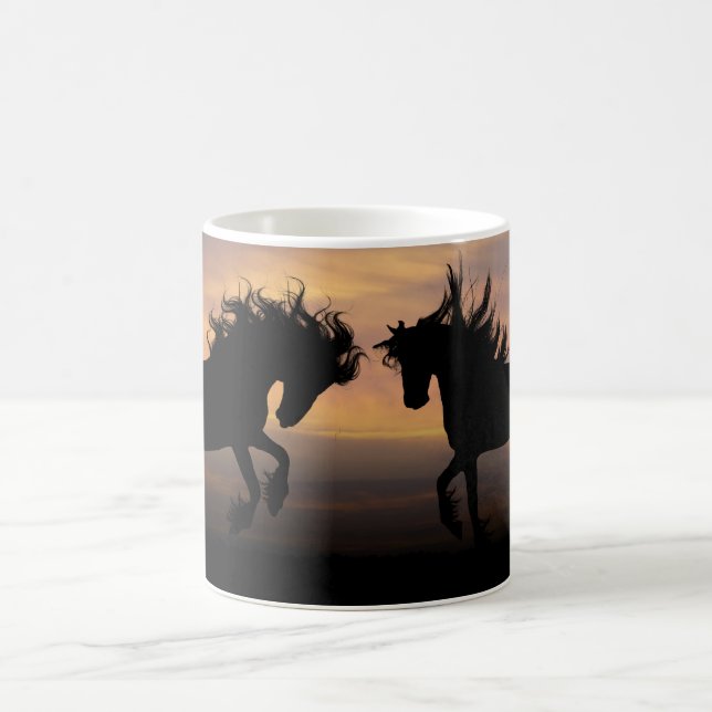 Rearing Black Horses At Sunset Coffee Mug (Center)