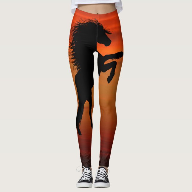 Rearing Black Horses on Fiery Sunset Leggings (Front)
