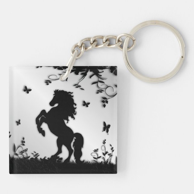 Rearing Black Stallion / Horse on Silver Key Ring (Back)