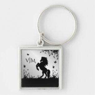Rearing Black Stallion / Horse on Silver Monogram Key Ring