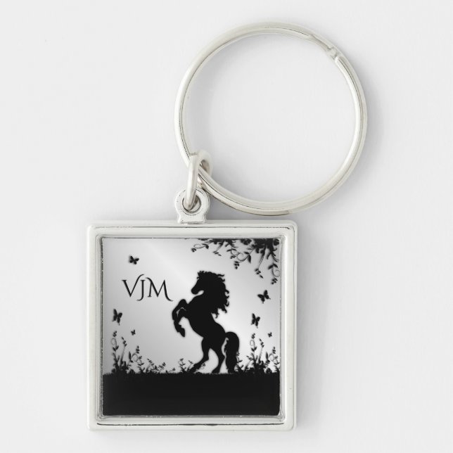 Rearing Black Stallion / Horse on Silver Monogram Key Ring (Front)