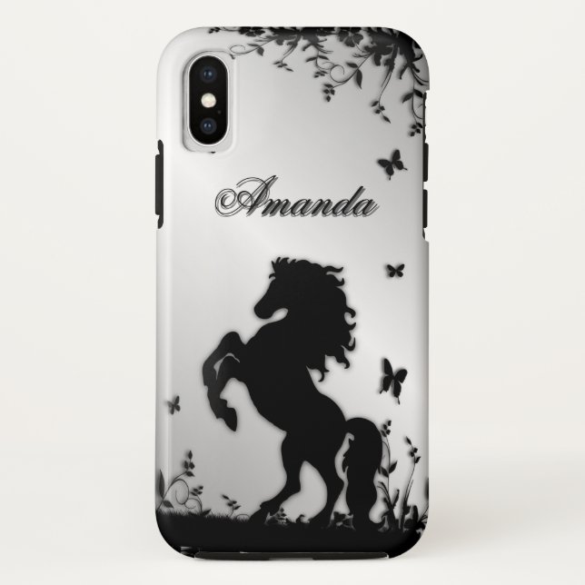 Rearing Black Stallion / Horse on Silver Personal Case-Mate iPhone Case (Back)