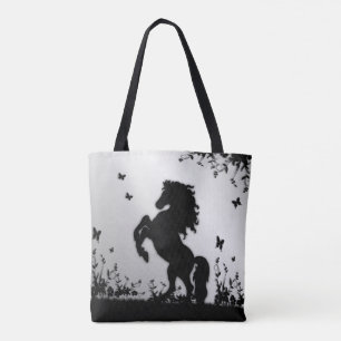Rearing Black Stallion / Horse on Silver Tote Bag