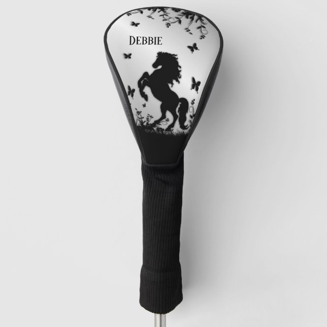 Rearing Black Stallion / Horse on Silver w Name Golf Head Cover (Front)
