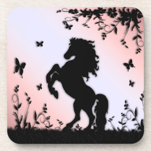 Rearing Black Stallion Pink Coaster
